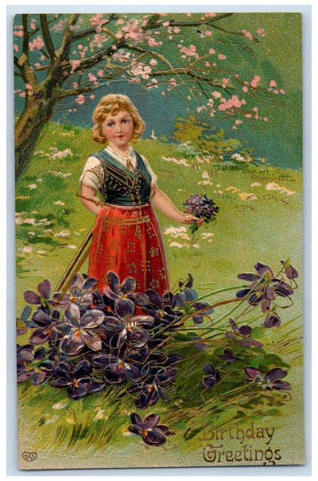 c1910's Birthday Greetings Woman Picking Flowers Embossed Antique Postcard