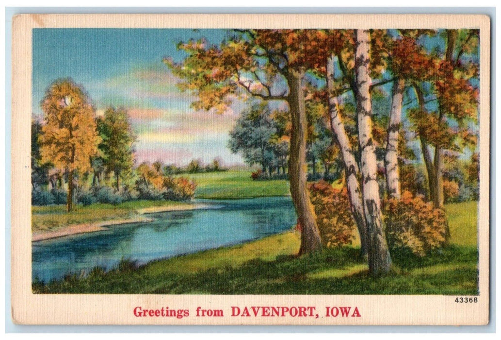 c1940's River Trees Grasses Greetings from Davenport Iowa IA NYCE Postcard