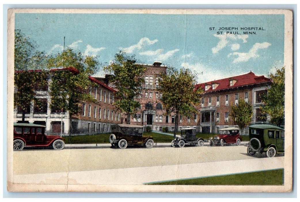 c1920 St. Joseph Hospital Exterior Classic Cars Road St. Paul Minnesota Postcard