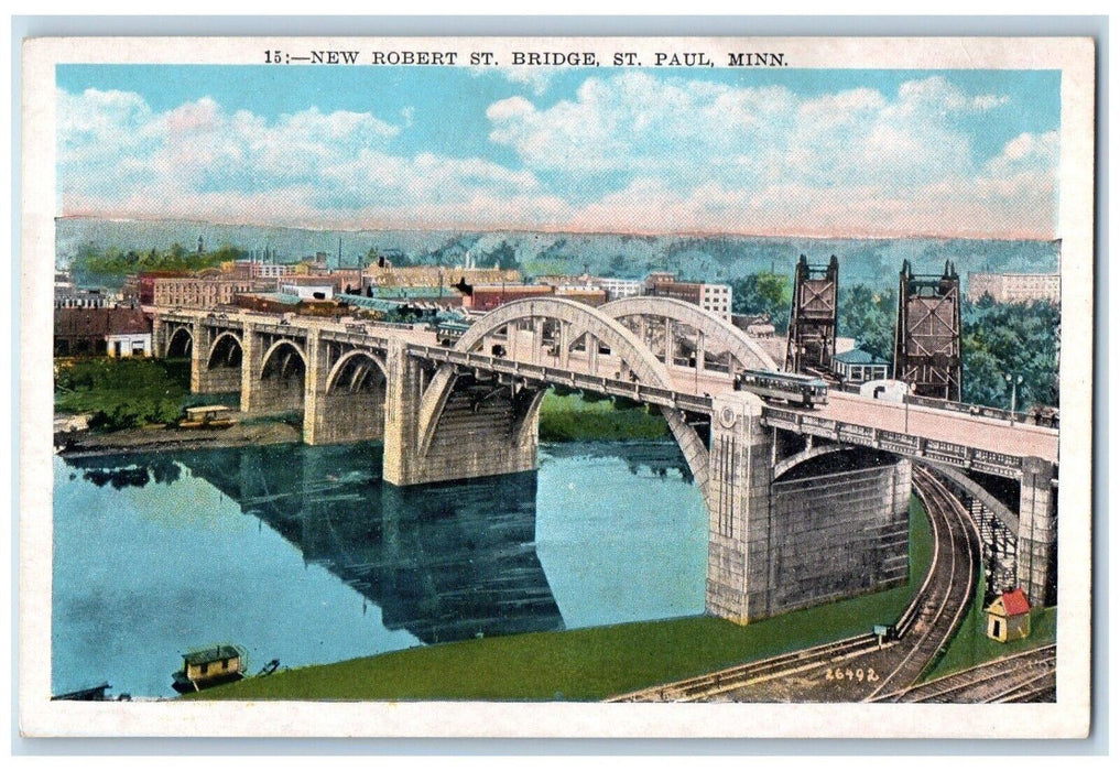 c1920 New Robert St. Bridge Exterior Streetcar River St. Paul Minnesota Postcard