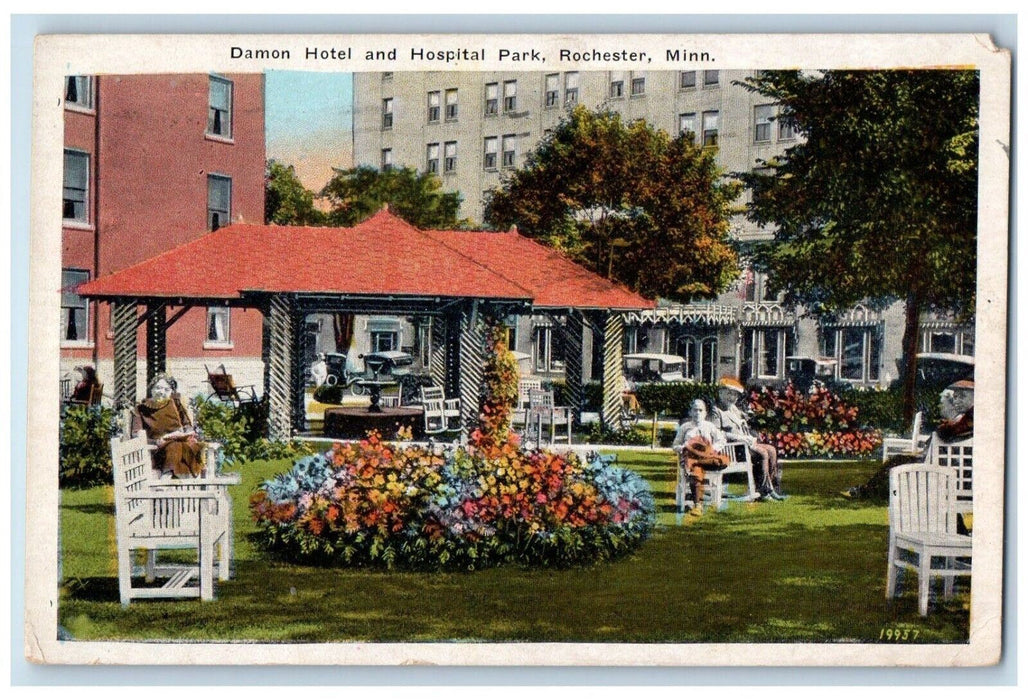 1929 Damon Hotel Hospital Park Flower Garden Gazebo Rochester Minnesota Postcard