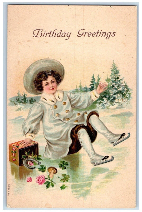 Birthday Greetings Boy Slipped Winter Box Mushroom Horseshoe Flowers Postcard