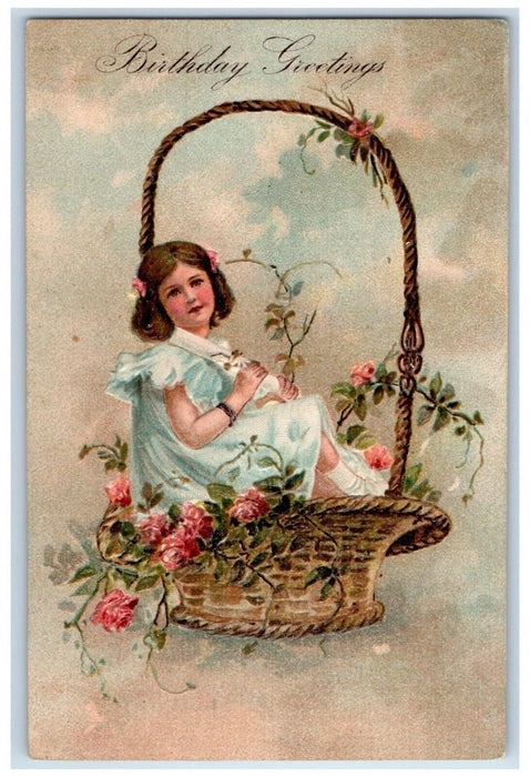 1910 Birthday Greetings Girl Sat On Basket Flowers Embossed Antique Postcard