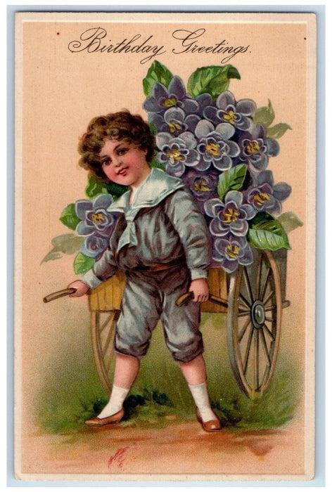 1910 Birthday Greetings Boy Pulling Cart Wagon Flowers Embossed Posted Postcard