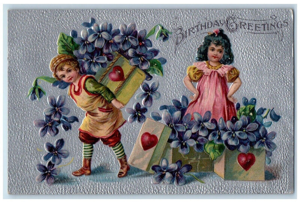 c1910's Birthday Greetings Children Flowers In Basket Embossed Posted Postcard