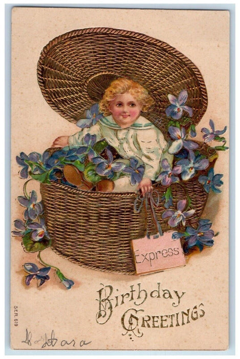 c1910's Birthday Greetings Boy In Box Pansies Flowers Express Antique Postcard