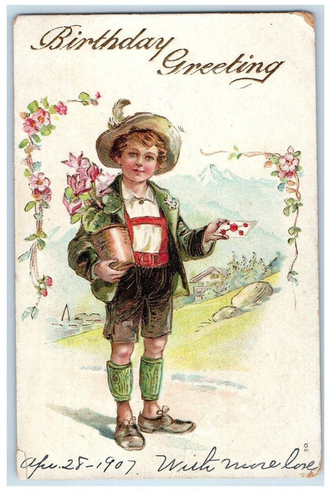 c1910's Birthday Greetings Boy Flowers In Pot Letter Embossed Antique Postcard