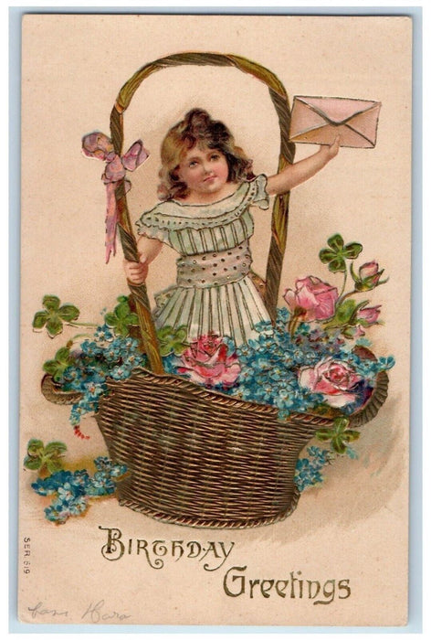 Birthday Greetings Girl In Basket Flowers Letter Clover Embossed Postcard