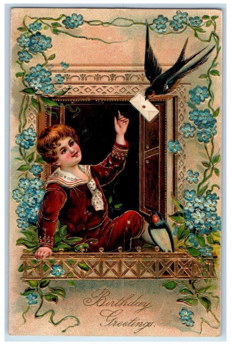 1909 Birthday Greetings Bird Delivering Letter Boy On Window Flowers Postcard