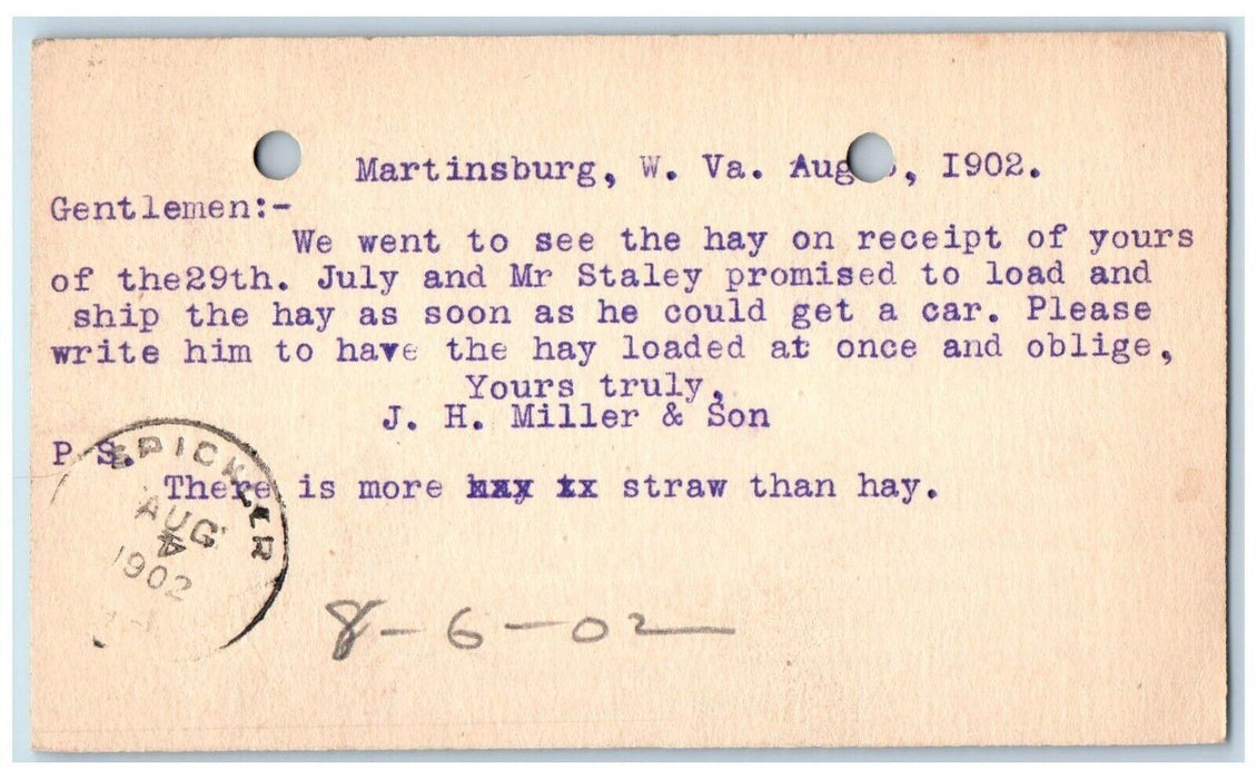 1902 Hay Loading and Shipping Martinsburg WV Upside Down Date Postal Card