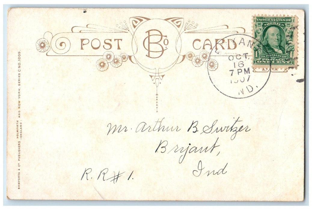 1907 Beware Of The Dog Puppy House Bamforth Bryant Indiana IN Antique Postcard