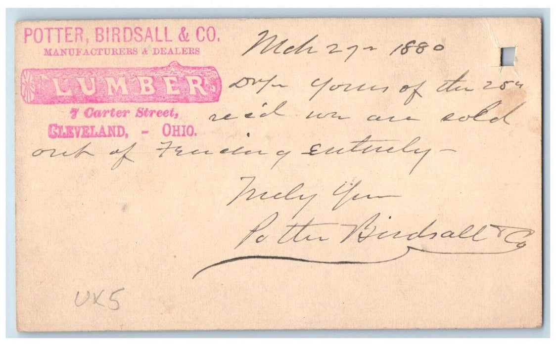 1880 Potter Birdsall & Co. Lumber Cleveland Ohio OH Posted Postal Card