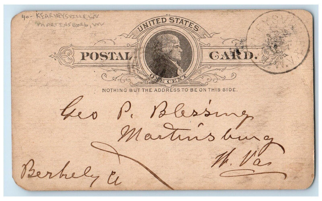 1887 Send By Express Kearneysville Martinsburg WV Posted Postal Card