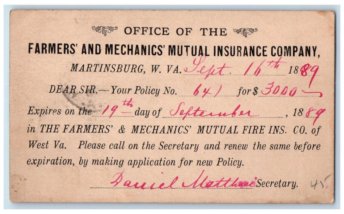 1889 Office of the Farmers and Mechanics Mutual Insurance Company WV Postal Card