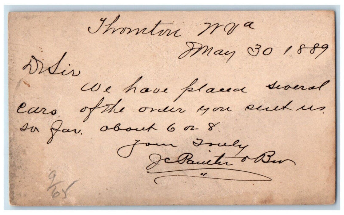 1889 Cars of Order Thornton Kearneysville West Virginia WV Postal Card