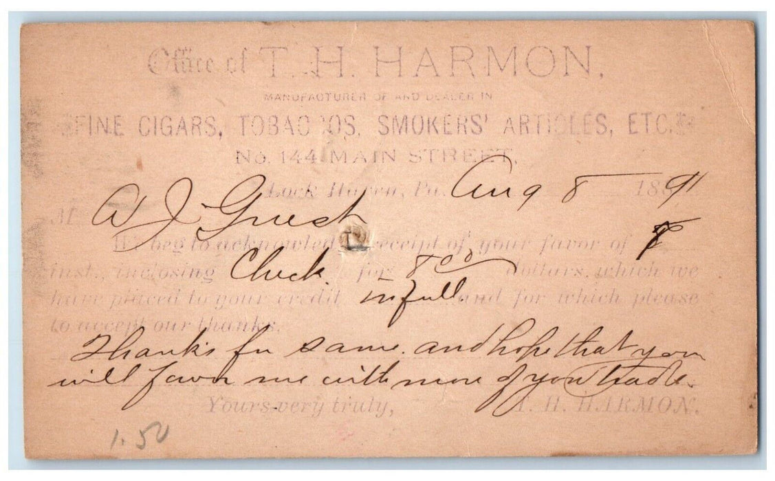 1891 TH Harmon Fine Cigars Tobaccos Smokers Lock Haven PA Antique Postal Card