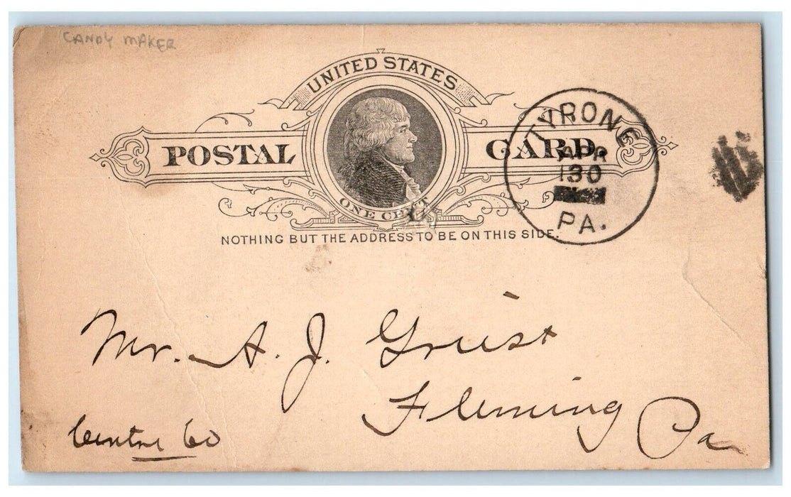 1891 Office of Moore & Burley Candy Maker Confectioners Tyrone PA Postal Card