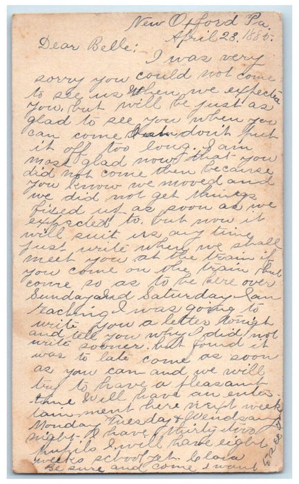 1885 Miss Belle Grish New Oxford Pennsylvania PA Adams County PA Postal Card