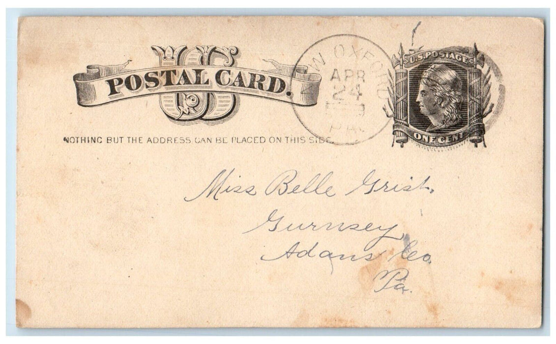 1885 Miss Belle Grish New Oxford Pennsylvania PA Adams County PA Postal Card