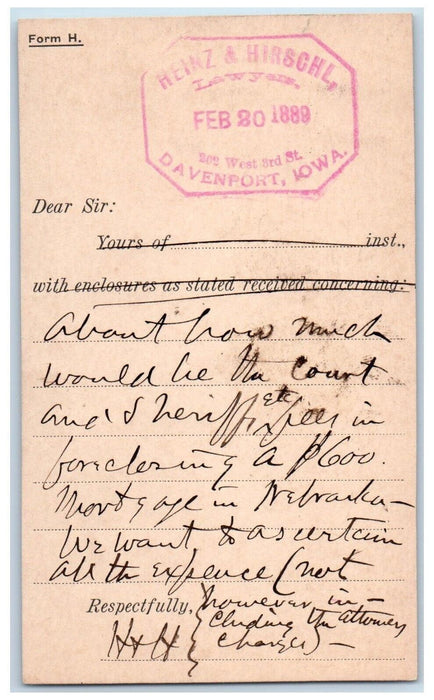 1889 Heinz & Hirschl Davenport Iowa IA Charles Haller Omaha NE Postal Card