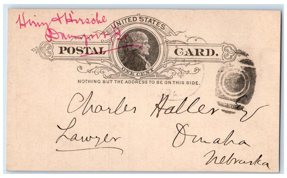 1889 Heinz & Hirschl Davenport Iowa IA Charles Haller Omaha NE Postal Card