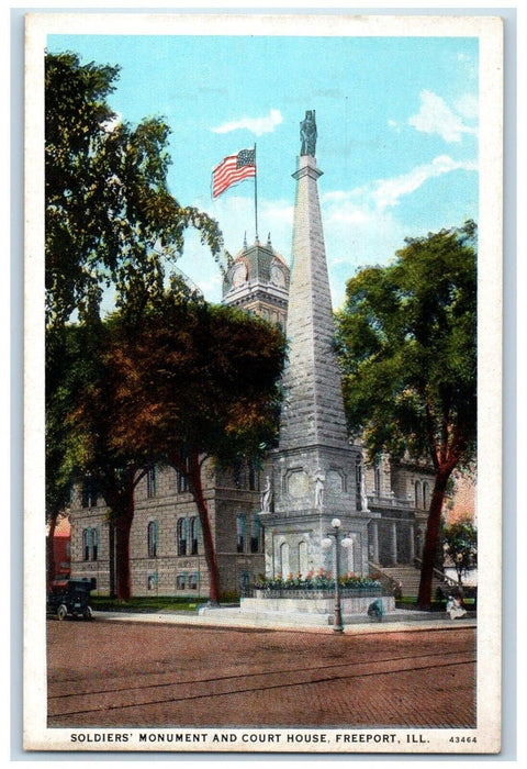 c1920 Soldiers Monument Court House Statue Exterior Freeport Illinois Postcard