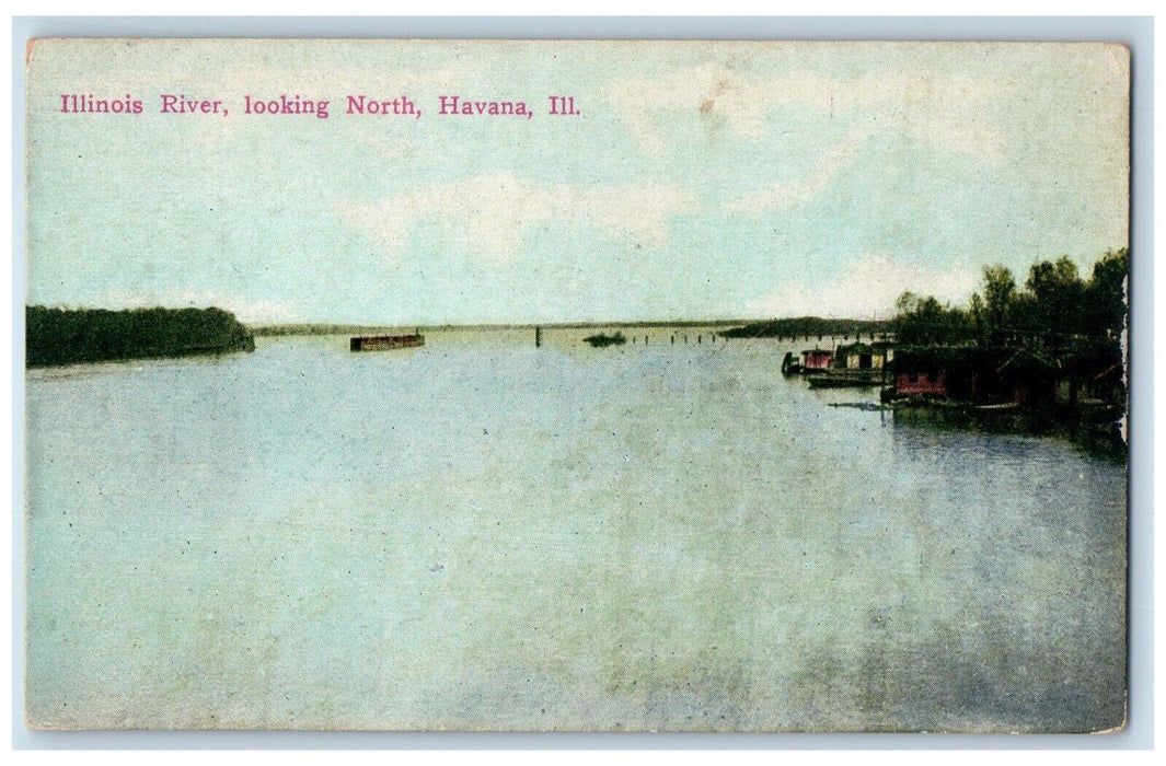 c1910 Illinois River Looking North Boat Pier Dock Lake Havana Illinois Postcard