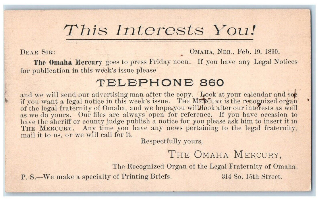 1890 The Omaha Mercury Legal Notices Telephone 860 Omaha Nebraska NE Postal Card