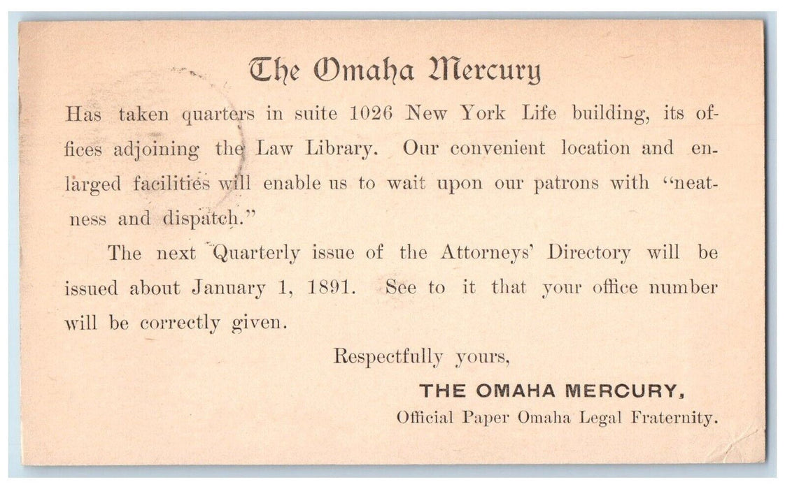 1890 The Omaha Mercury Has Taken Quarters in Suite 1026 Omaha NE Postal Card