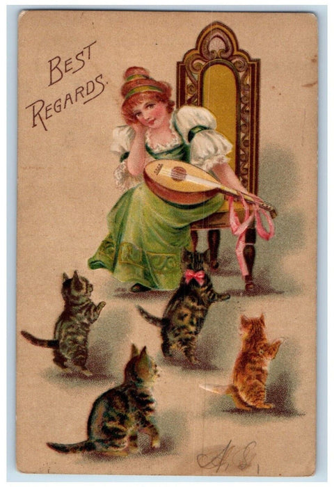 1907 Best Regards Woman Banjo Dancing Cats Embossed Nash Posted Antique Postcard