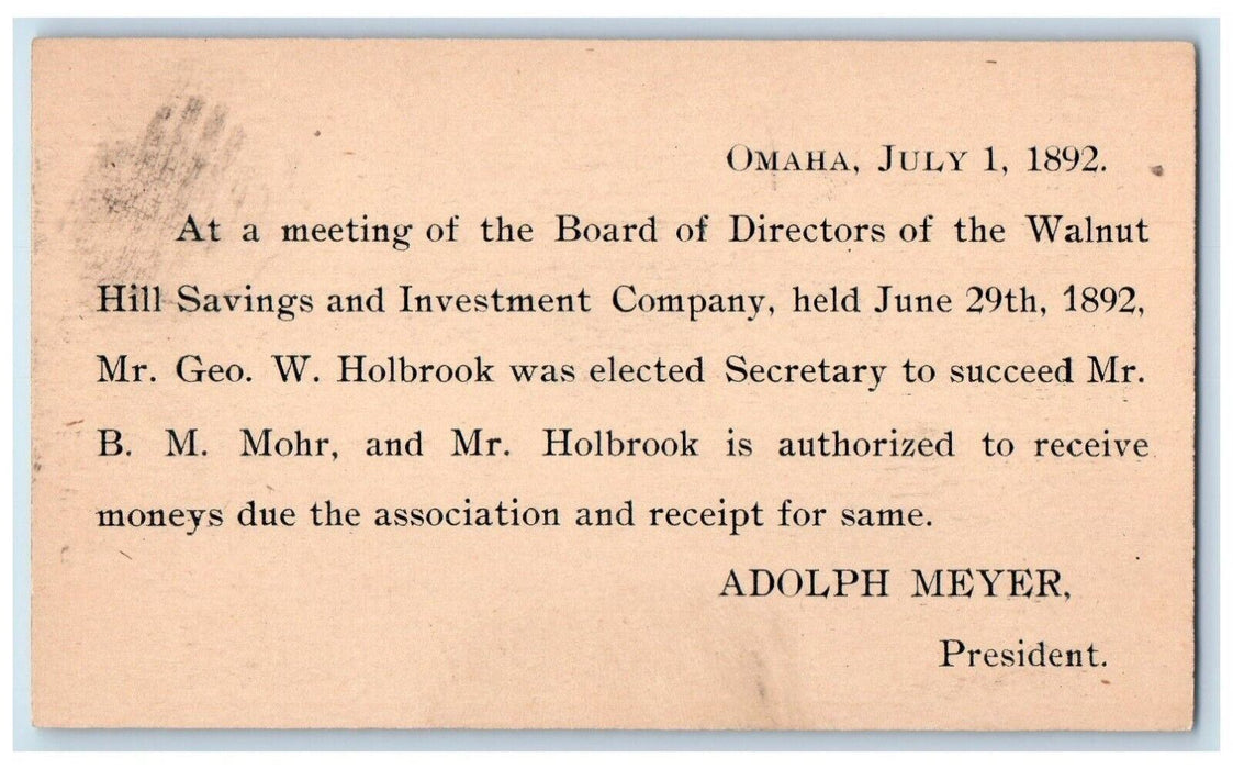 1892 Meeting of Board of Directors at Walnut Hill Savings Omaha NE Postal Card