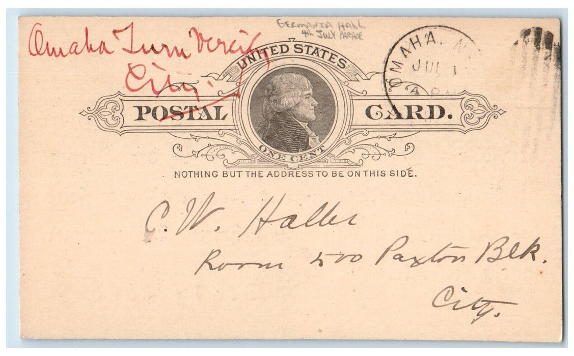 1892 Germania Hall 4th July Parade Omaha Nebraska NE Antique Postal Card