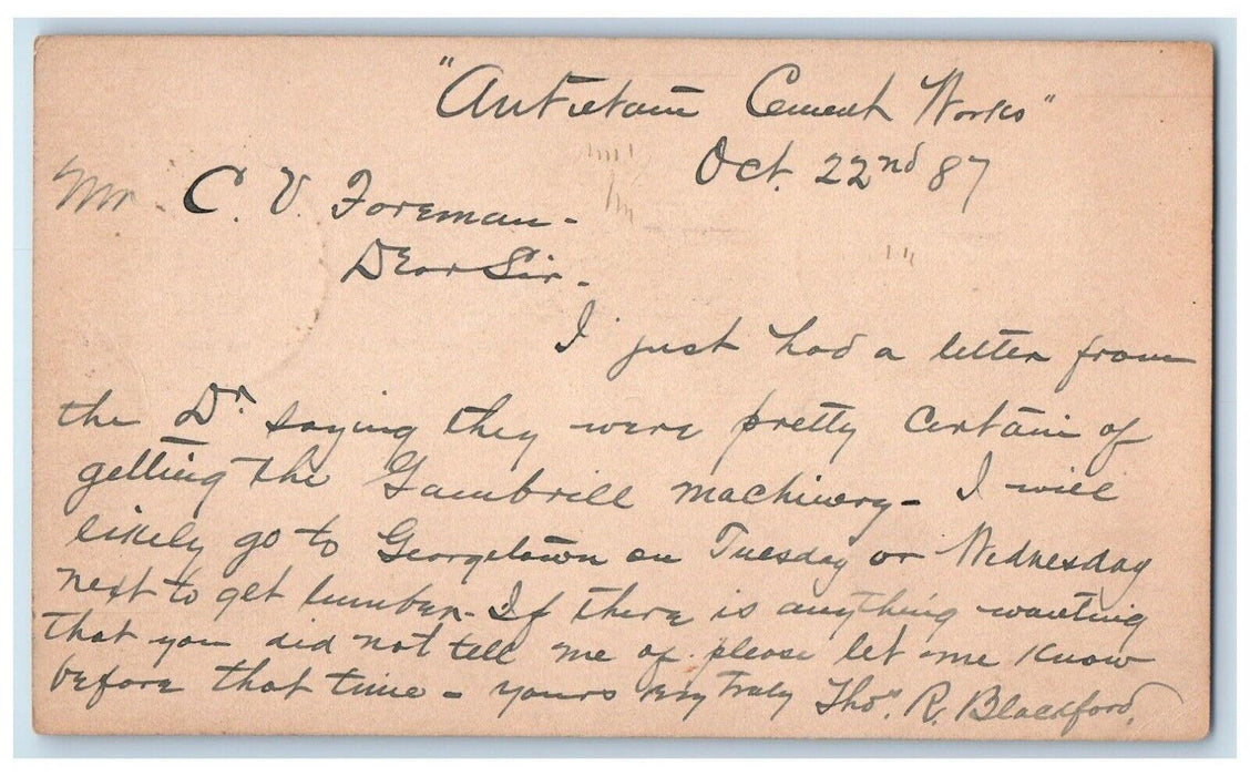 1887 Lumber Order CV Foreman Thurmont Mechanicstown Maryland MD Postal Card