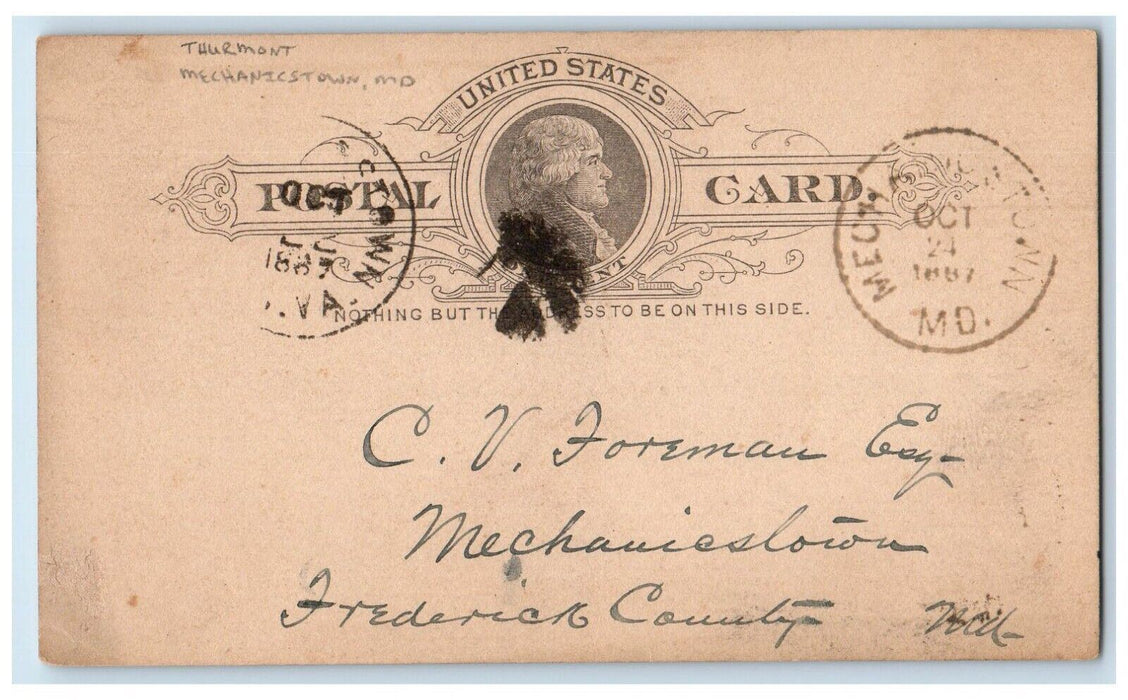 1887 Lumber Order CV Foreman Thurmont Mechanicstown Maryland MD Postal Card