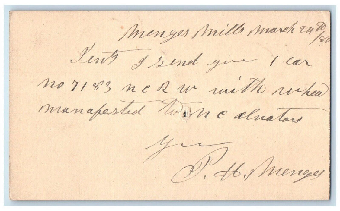 1880 Sent 1 Car No 7183 Menges Mills Pennsylvania PA Baltimore MD Postal Card