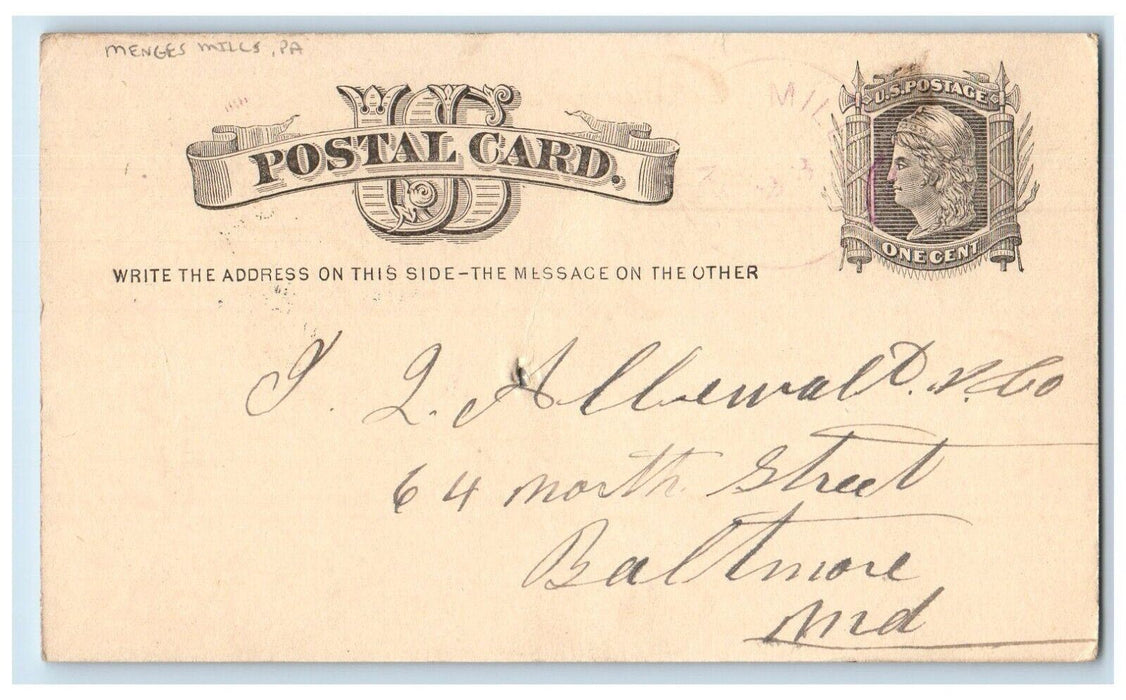 1880 Sent 1 Car No 7183 Menges Mills Pennsylvania PA Baltimore MD Postal Card