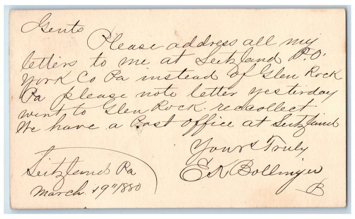 1880 Post Office Address Letters to Seitzland Pennsylvania PA Postal Card