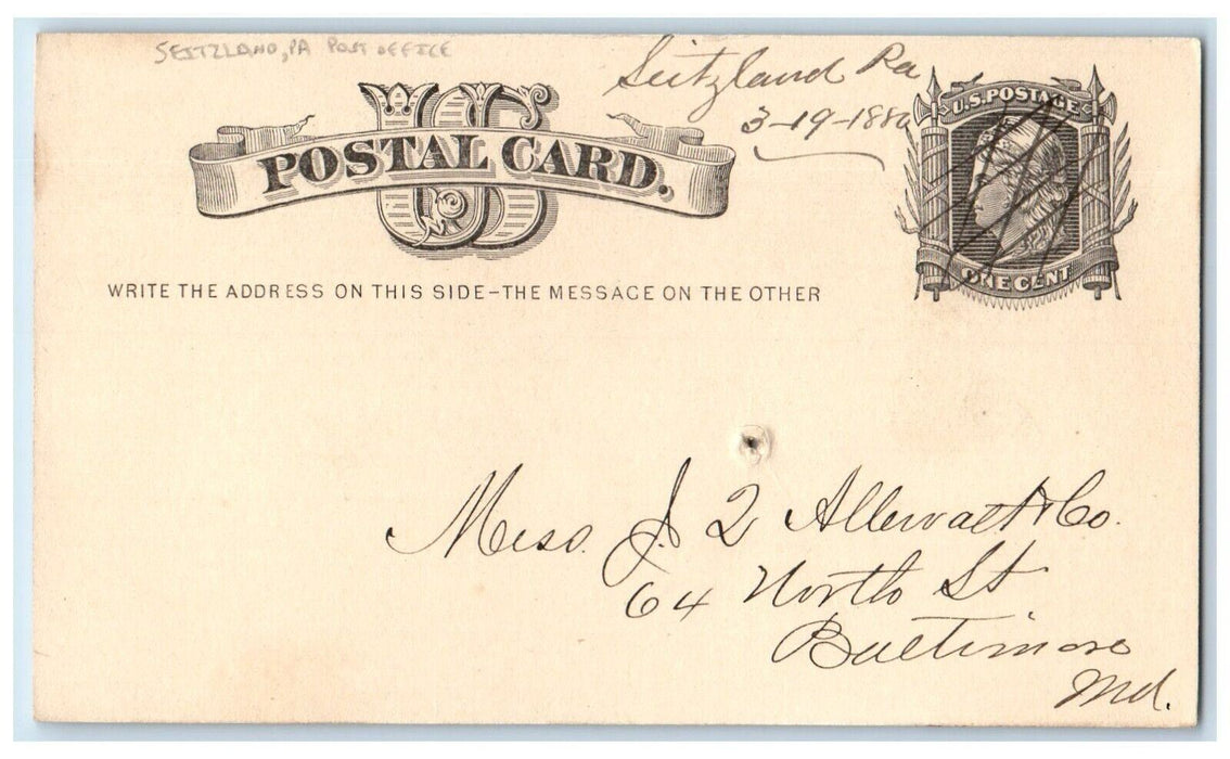 1880 Post Office Address Letters to Seitzland Pennsylvania PA Postal Card