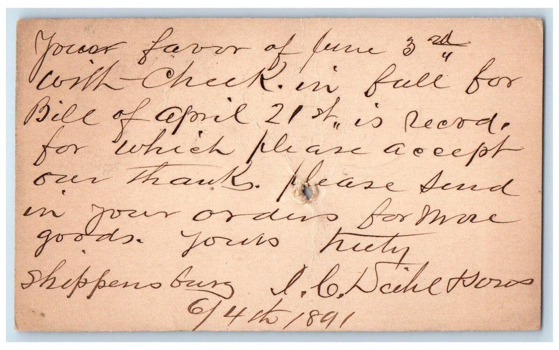 1891 Send Your Orders for more Goods Shippensburg Fleming Co PA Postal Card