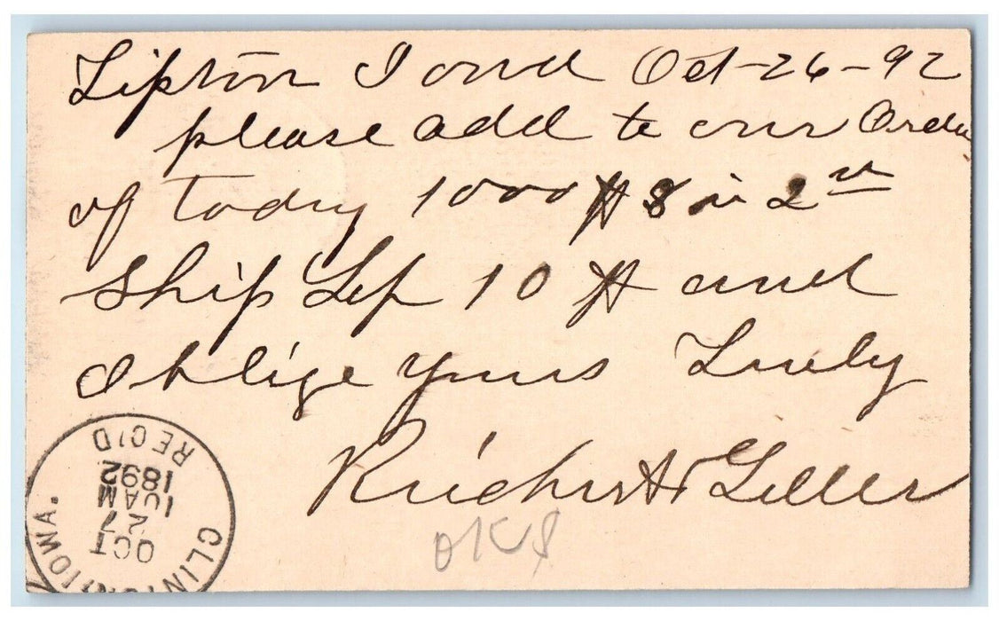 1892 Please Add to Lumber Order WJ Y & Co. Tipton IA Clinton IA Postal Card