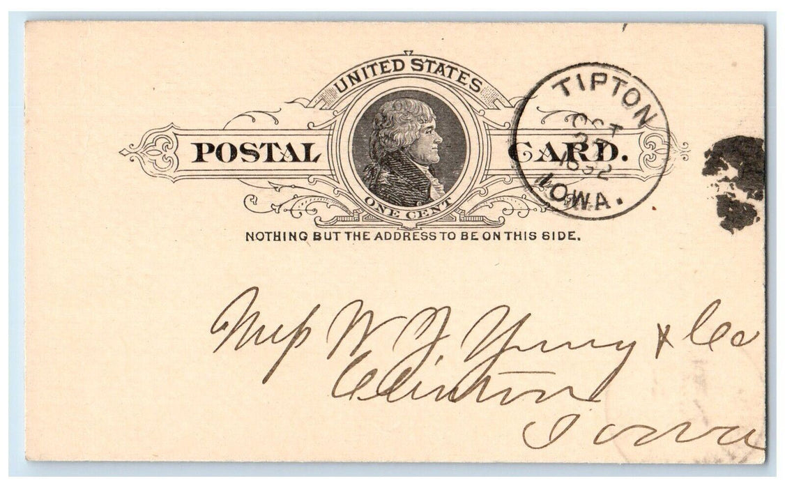 1892 Please Add to Lumber Order WJ Y & Co. Tipton IA Clinton IA Postal Card