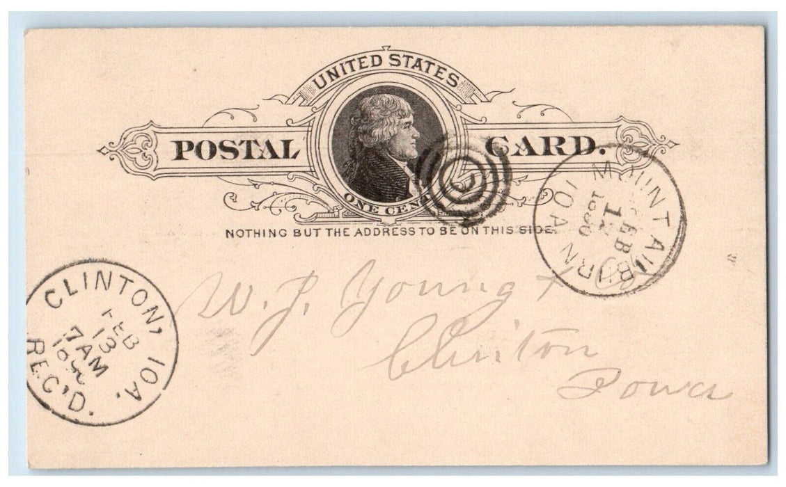1890 WJ Young & Co Lumber Order Mt. Auburn Iowa IA Clinton IA Postal Card