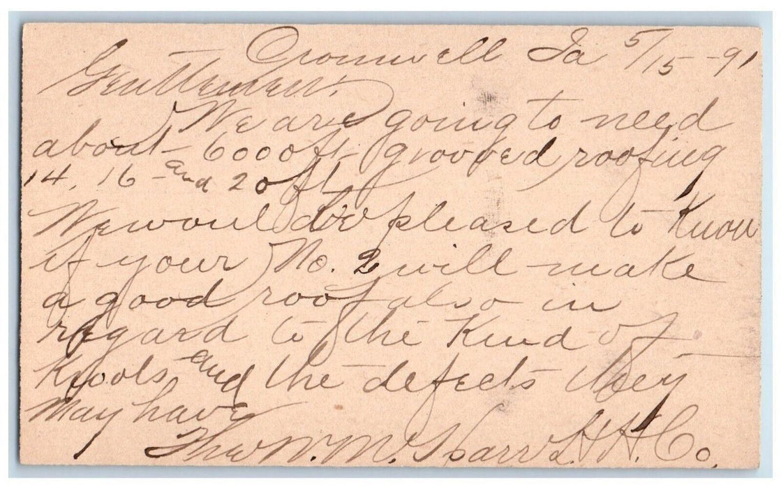 1891 We Need 6000 Ft. Roofing Cromwell Iowa IA Clinton IA Postal Card