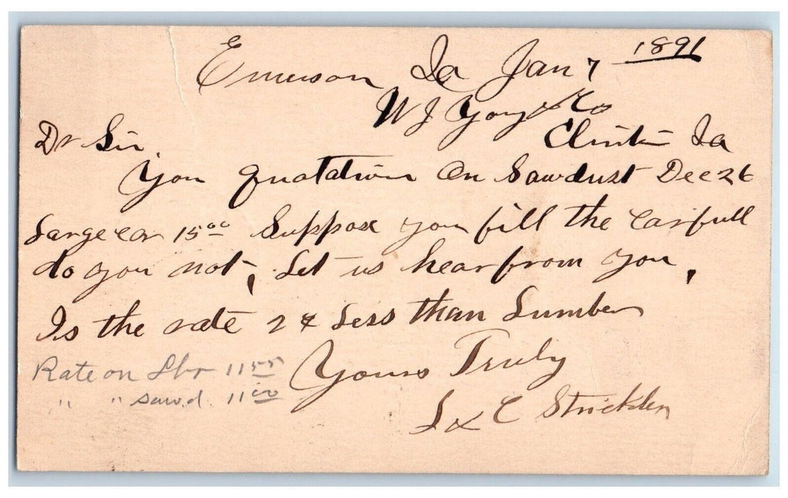 1891 Sawdust Lumber L&C Stricklen Emerson Iowa IA Clinton IA Postal Card