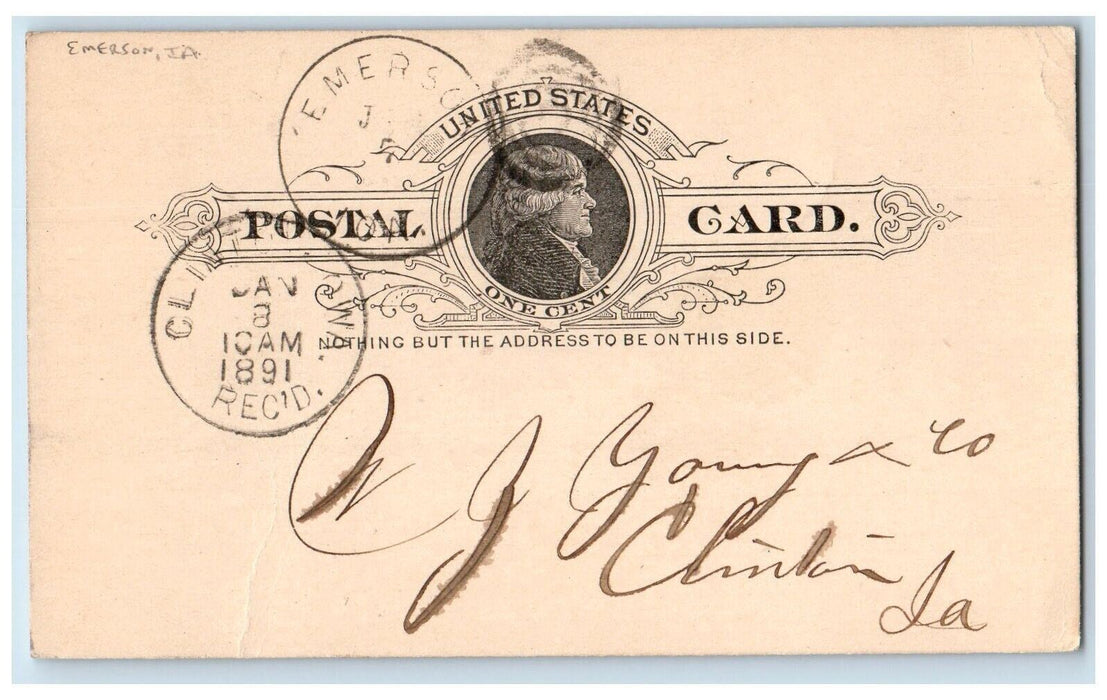 1891 Sawdust Lumber L&C Stricklen Emerson Iowa IA Clinton IA Postal Card