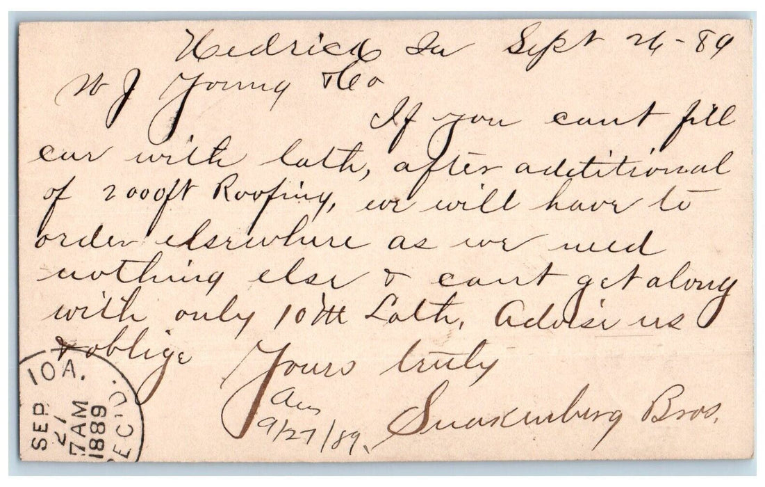 1889 2000 ft. Roofing WJ Young & Co. Hedrick Iowa IA Clinton IA Postal Card