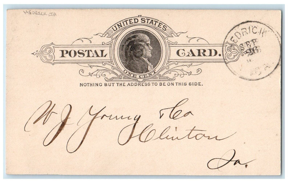1889 2000 ft. Roofing WJ Young & Co. Hedrick Iowa IA Clinton IA Postal Card