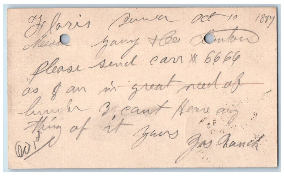 1887 Please Send Car of Lumber Floris IA Clinton IA Antique Postal Card