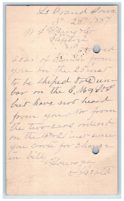 1887 Send Car Lumber Le Grand Iowa IA WJ Y & Co. Clinton IA Antique Postal Card