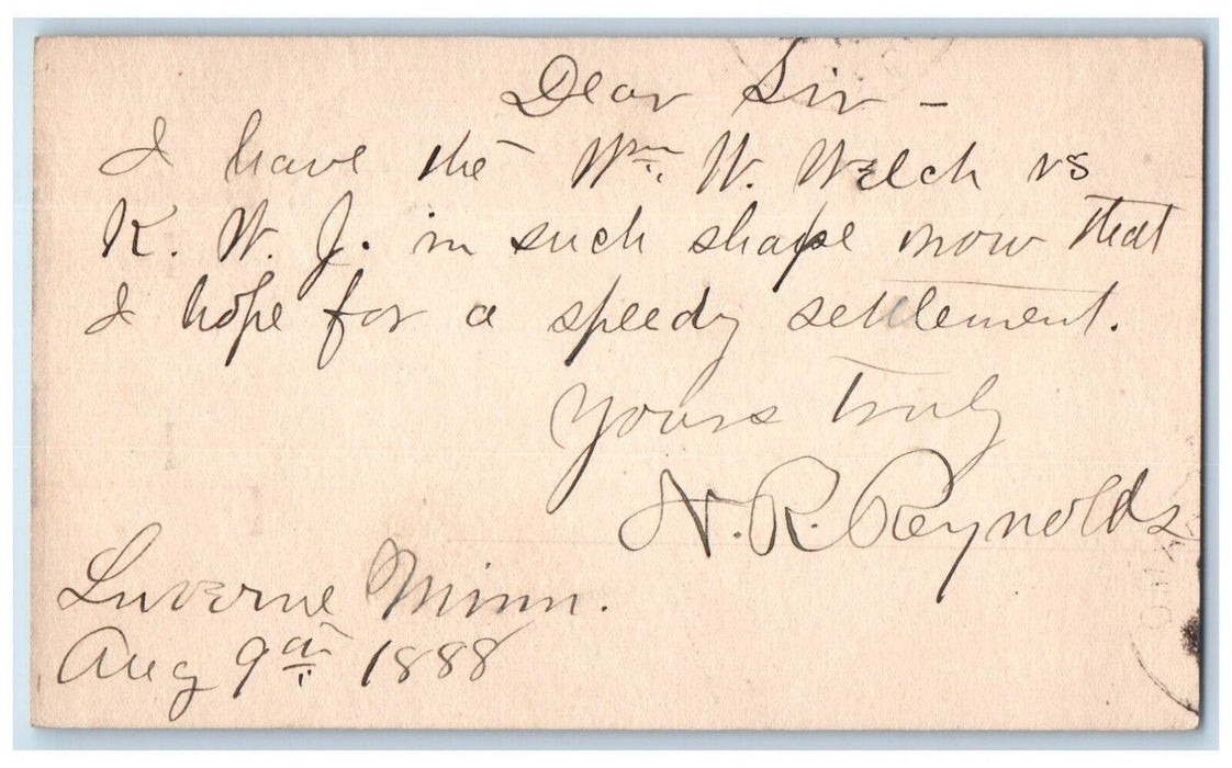 1888 Mr. W. Welch VS KWJ Speedy Settlement NR Reynolds Luverne MN Postal Card
